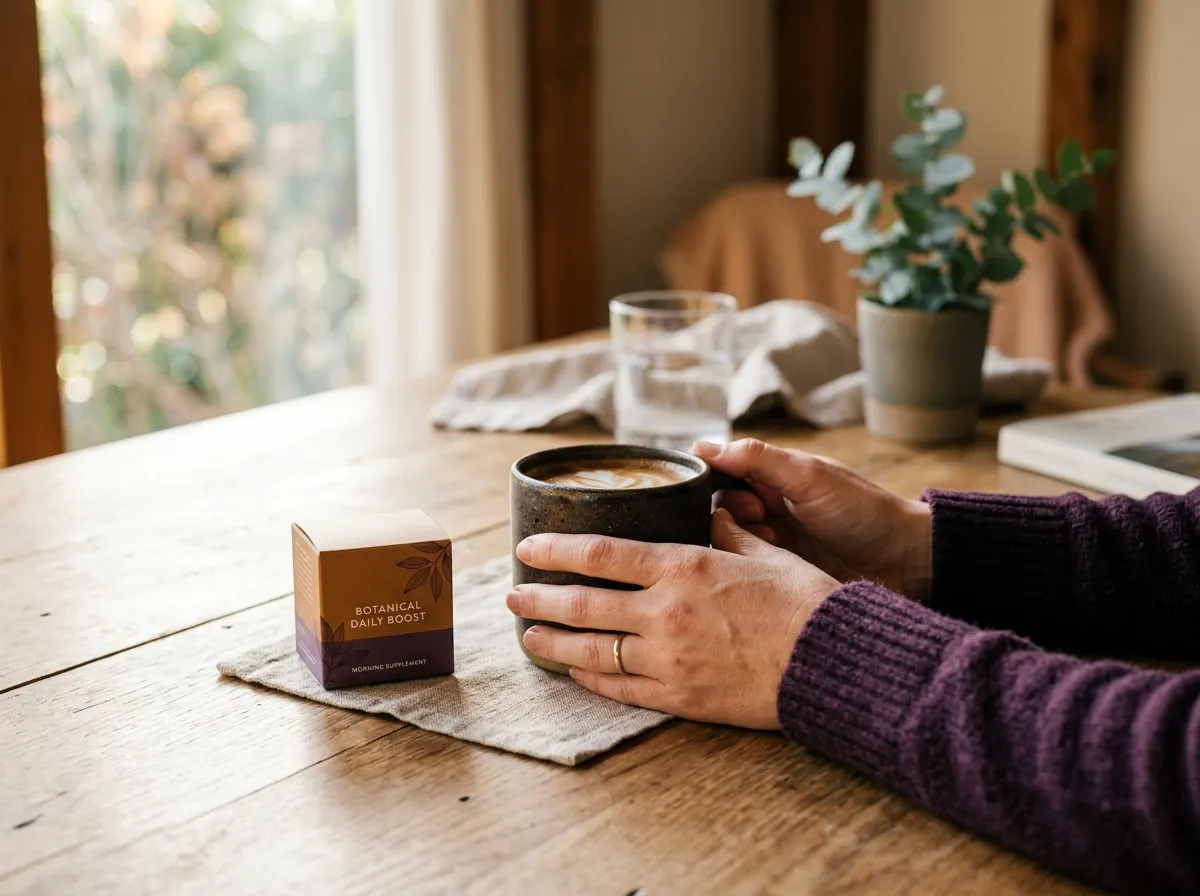 Hands holding a warm mug with Slim Coffee Booster supplement box on table - everyday wellness coffee ritual