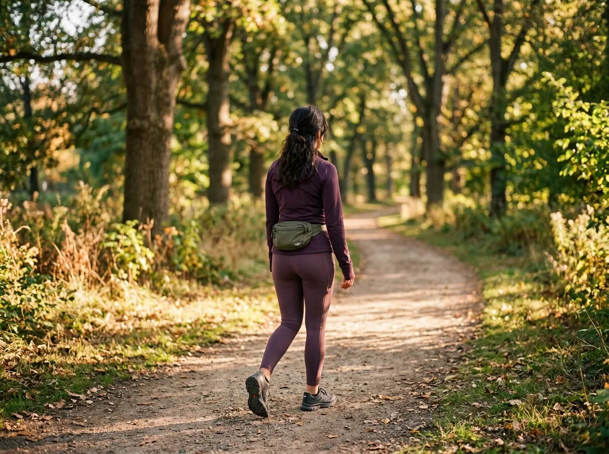 Anonymous person walking in a sunlit park - active lifestyle with plant extract supplement