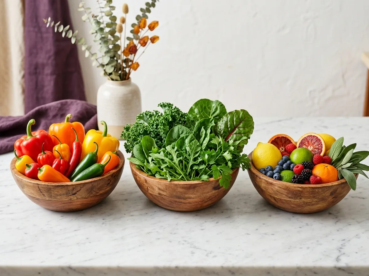 Colourful whole foods in wooden bowls - everyday wellness nutrition